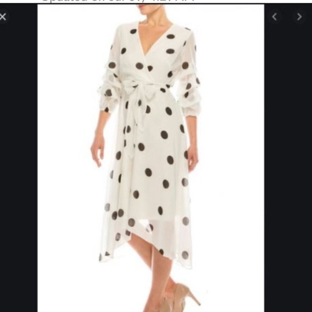 NWT Maison Tara High Low Faux Wrap midi dress Womens 16 black white polka dot